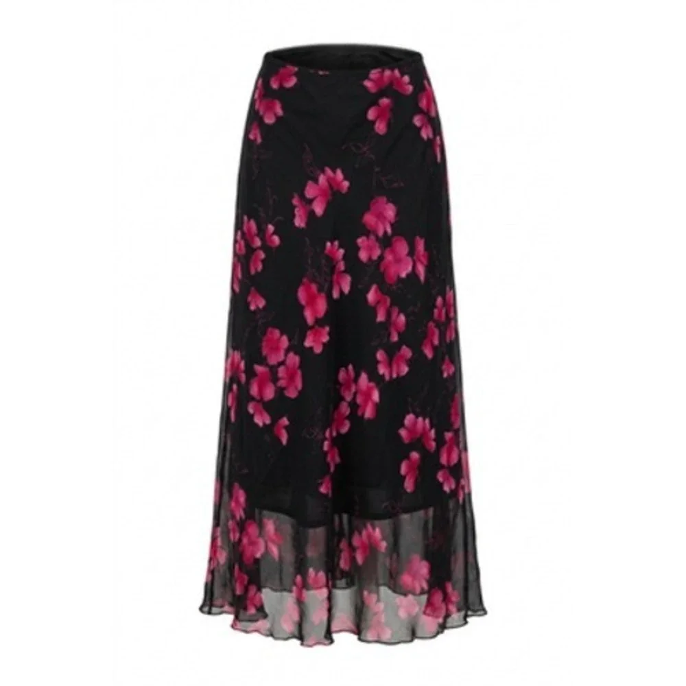 VTG Dark Romantic 90s Y2K Skirt M Black Floral Chiffon Maxi A-Line Whimsigoth